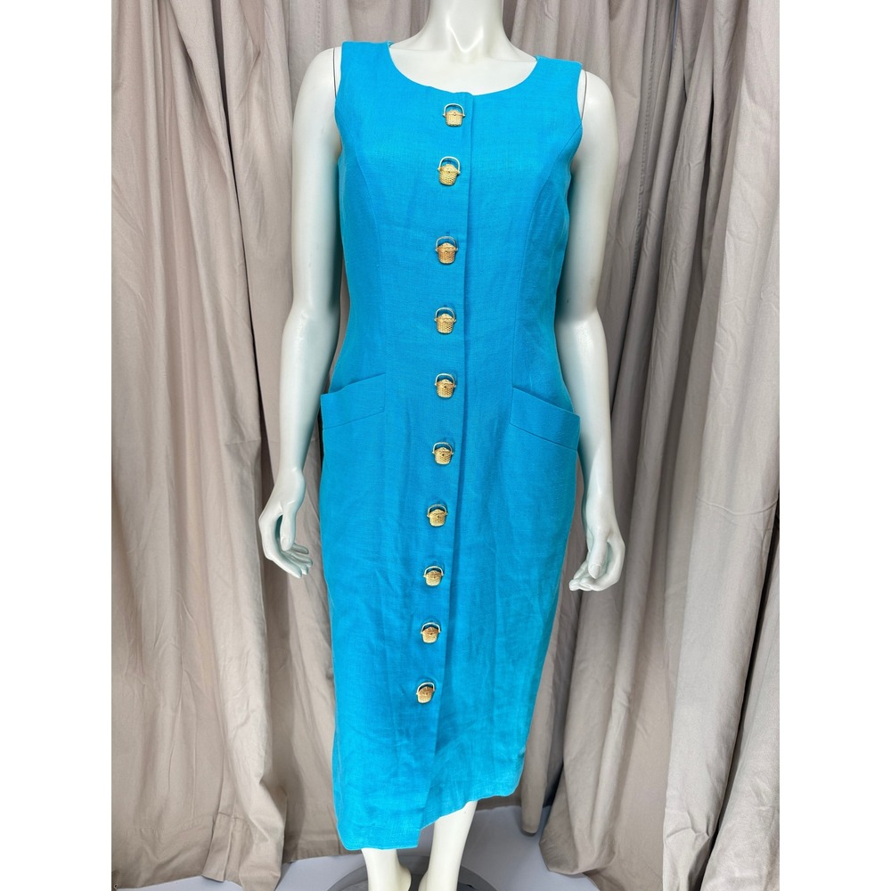 Vintage Talbots Turquoise Linen Midi Shift Dress Basket Buttons Size 6